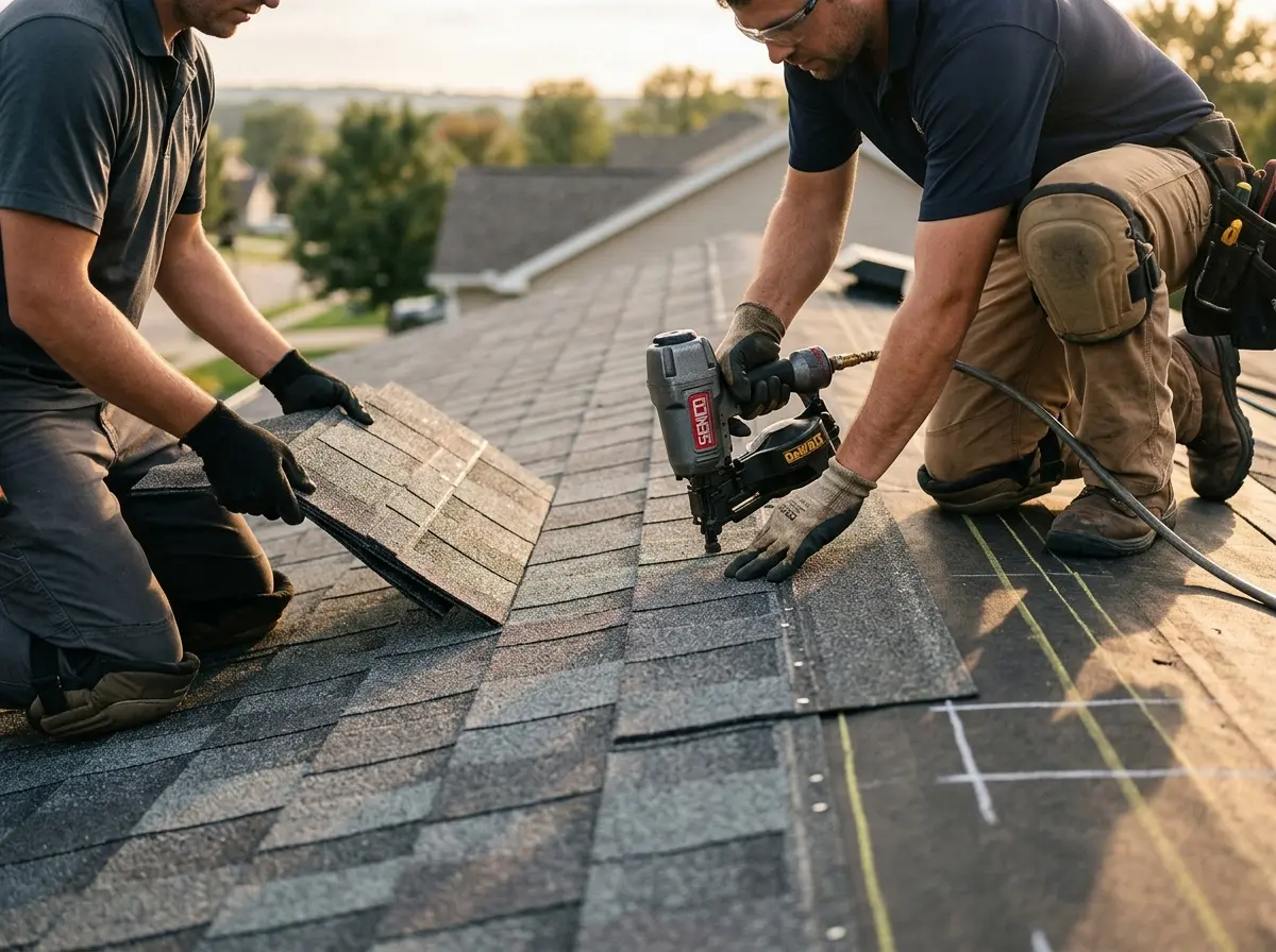 Professional roofer working on a residential roof in North St. Paul